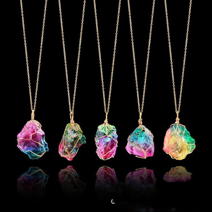 Raw Natural Crystal Wire Wrapped Pendant Necklace - Rainbow Healing Stone