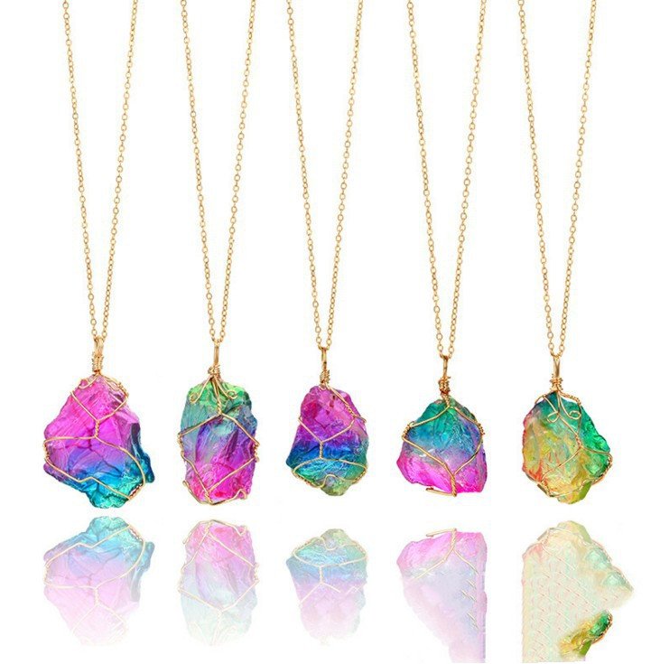 Raw Natural Crystal Wire Wrapped Pendant Necklace - Rainbow Healing Stone - Image 7