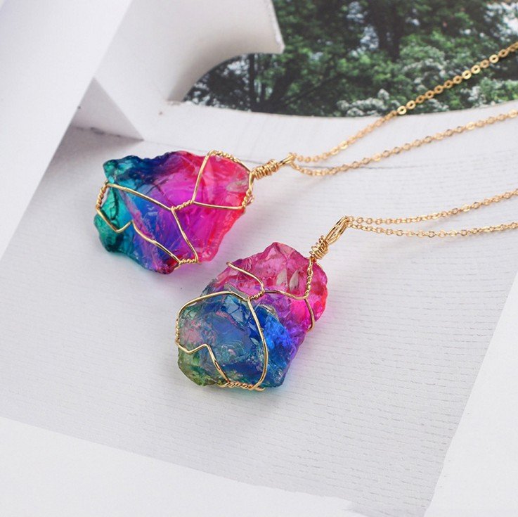 Raw Natural Crystal Wire Wrapped Pendant Necklace - Rainbow Healing Stone - Image 2