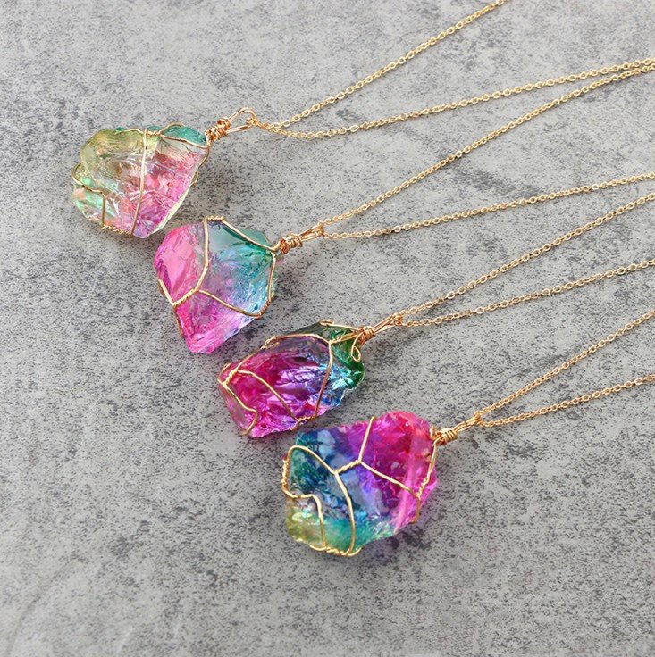 Raw Natural Crystal Wire Wrapped Pendant Necklace - Rainbow Healing Stone - Image 6