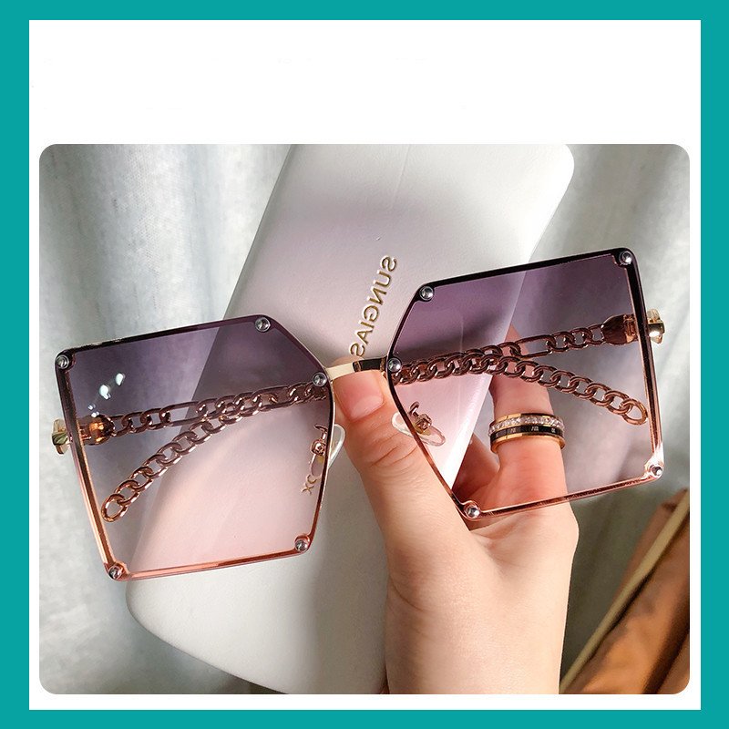 Frameless Square Sunglasses - Statement Metal Chain Sunglasses for Women - Image 3