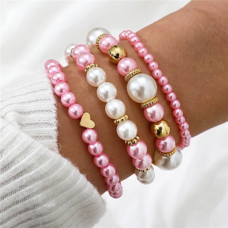 Pearl & Bead Stacking Bracelet Set - 4-Piece Boho Beaded Bracelets for Women