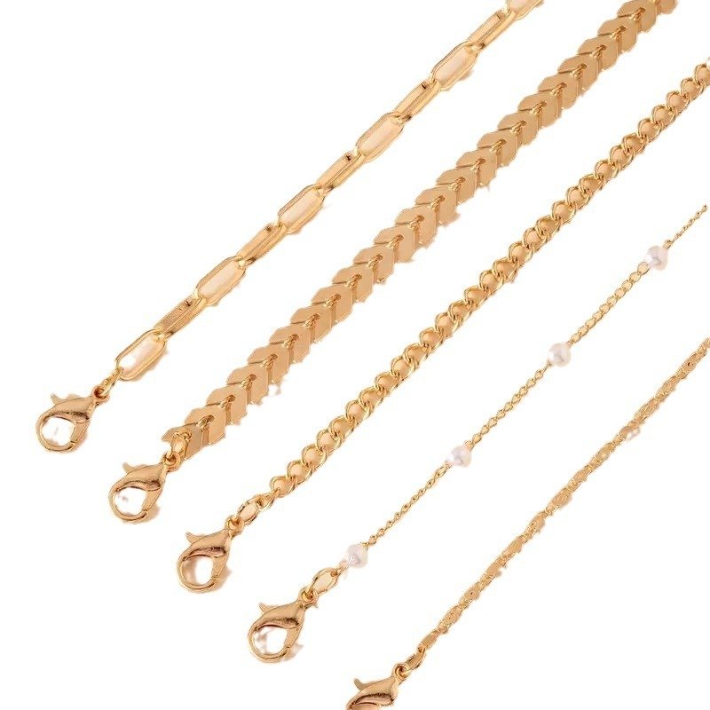 5-Piece Layered Pearl Anklet Set – Boho Beach Ankle Bracelets for Women - Image 4