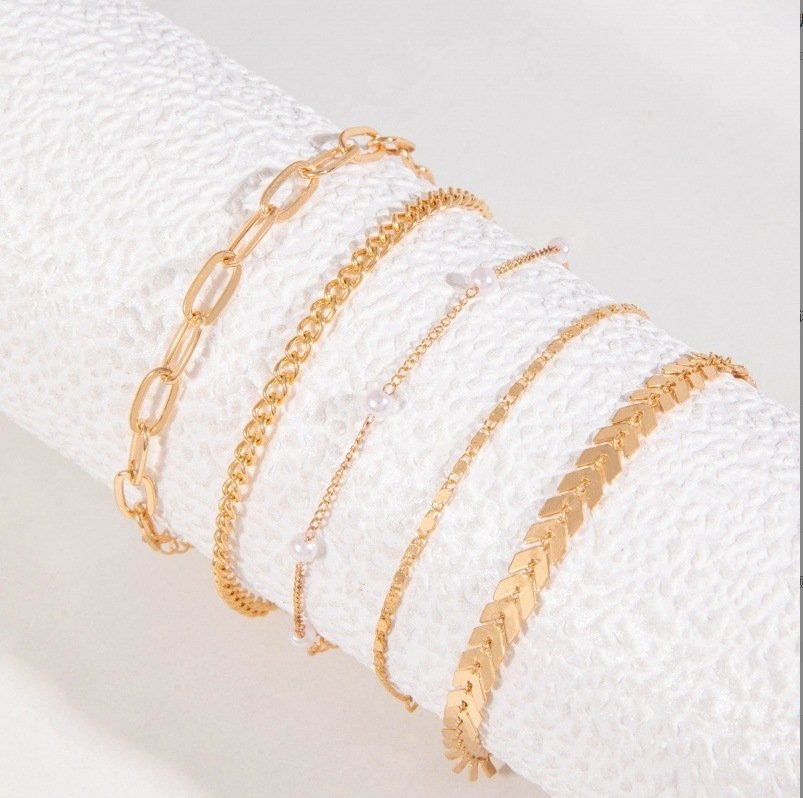 5-Piece Layered Pearl Anklet Set – Boho Beach Ankle Bracelets for Women - Image 5