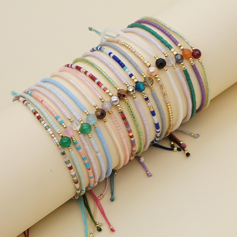 Bohemian Semi-precious Stone Beaded Bracelet Colorful Lucky Stone Rice Beads Adjustable Bracelet Couple's Stacked Bracelet - Image 2