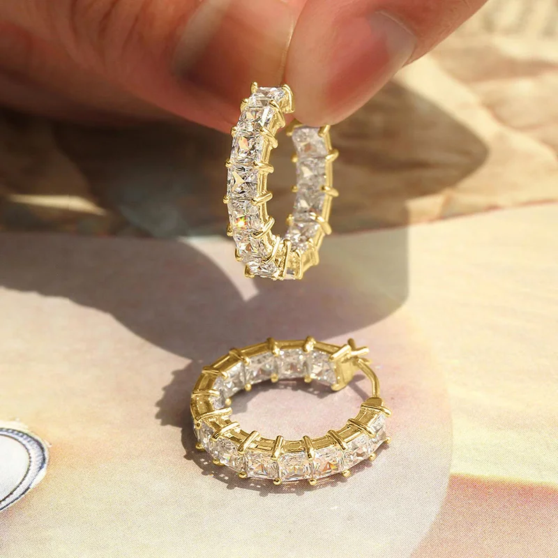 Princess Square Cubic Zirconia Hoop Earrings - Lightweight Statement Sparkle - Image 3