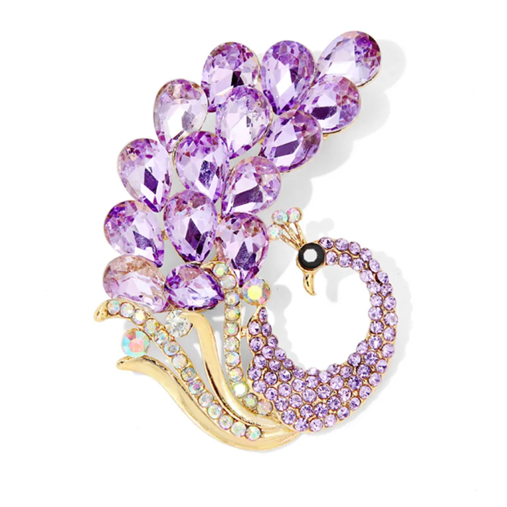 Purple Crystal Peacock Brooch Pin – Elegant Rhinestone Statement Jewelry
