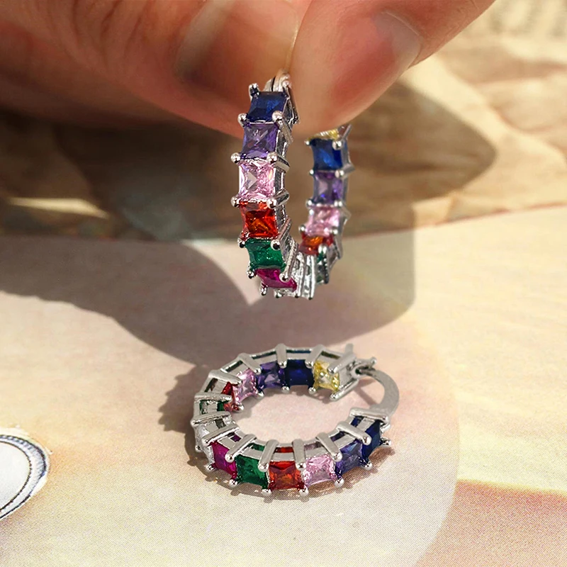 Princess Square Cubic Zirconia Hoop Earrings - Lightweight Statement Sparkle - Image 8