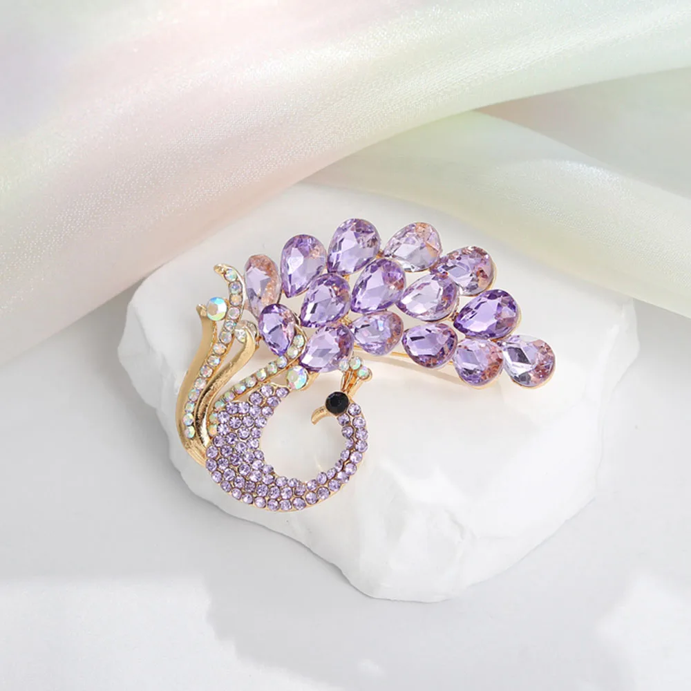 Purple Crystal Peacock Brooch Pin – Elegant Rhinestone Statement Jewelry - Image 4