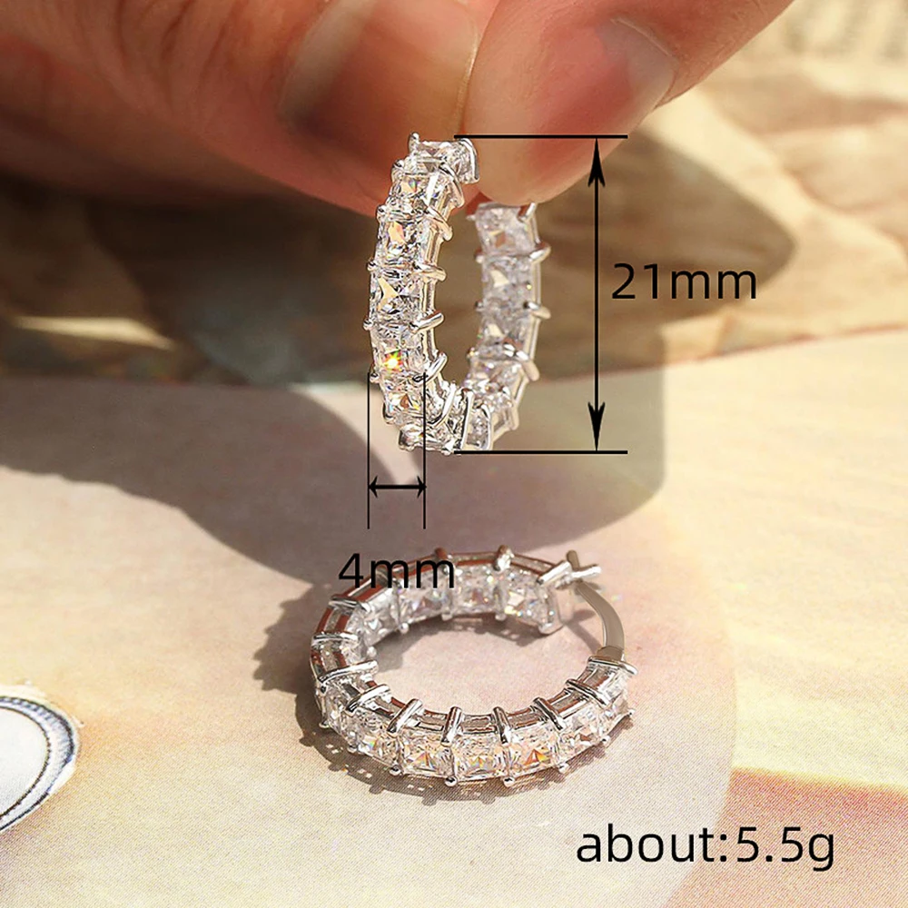 Princess Square Cubic Zirconia Hoop Earrings - Lightweight Statement Sparkle - Image 6