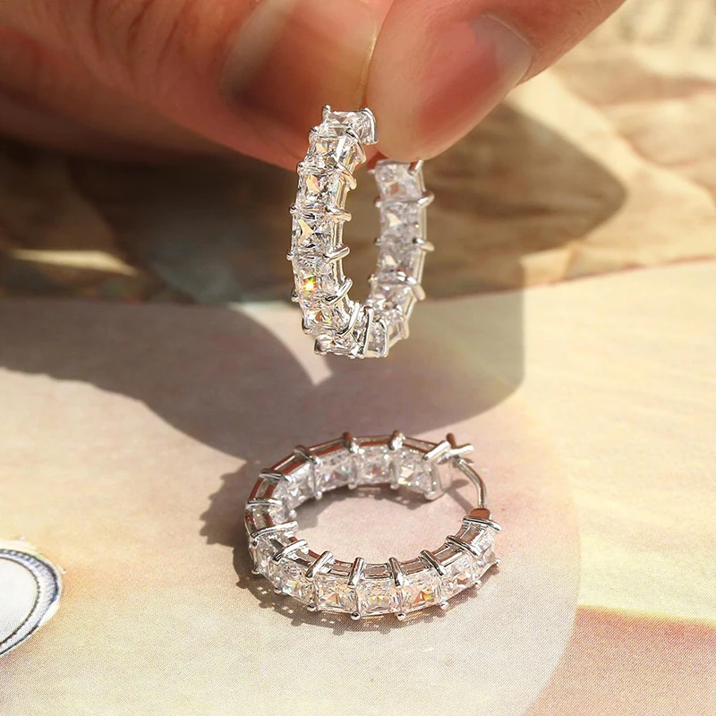 Princess Square Cubic Zirconia Hoop Earrings - Lightweight Statement Sparkle