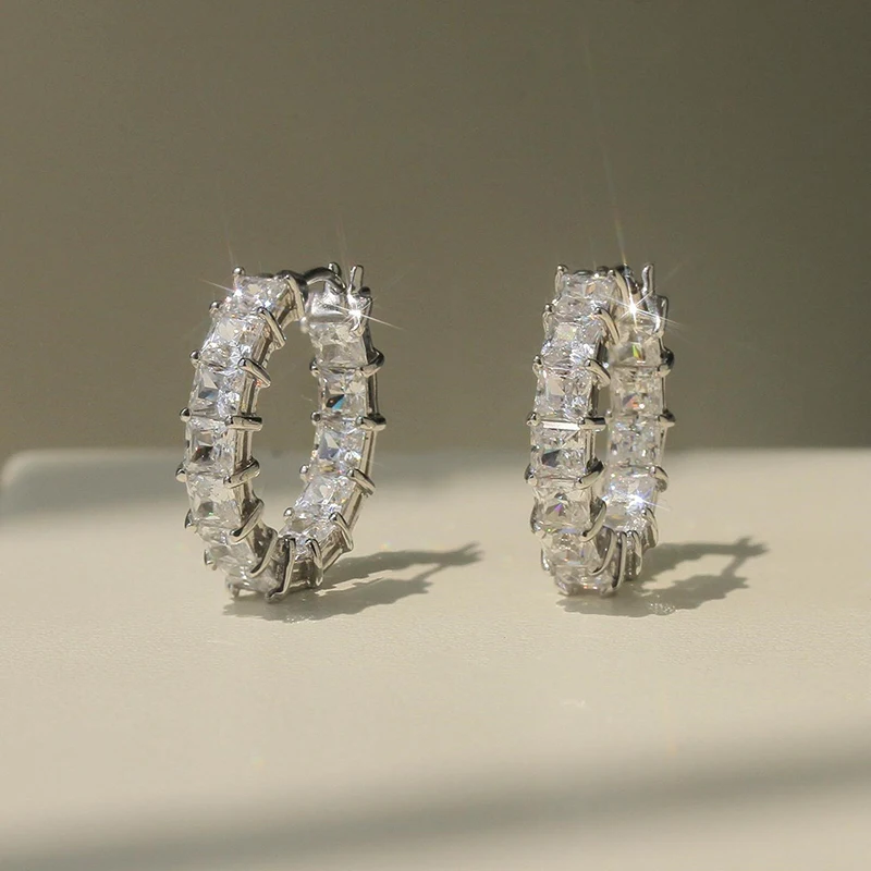Princess Square Cubic Zirconia Hoop Earrings - Lightweight Statement Sparkle - Image 2