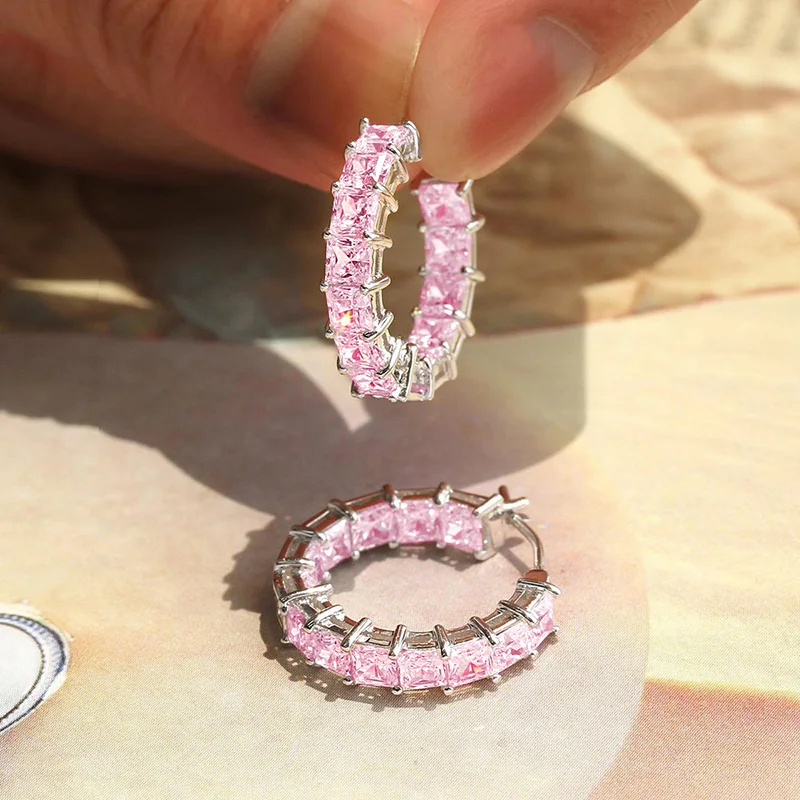Princess Square Cubic Zirconia Hoop Earrings - Lightweight Statement Sparkle - Image 4