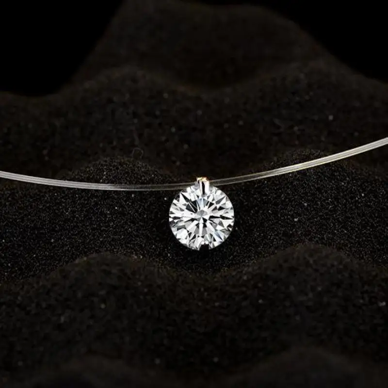 Invisible Chain Crystal Pendant Necklace – Zircon Choker with Sheer Cord