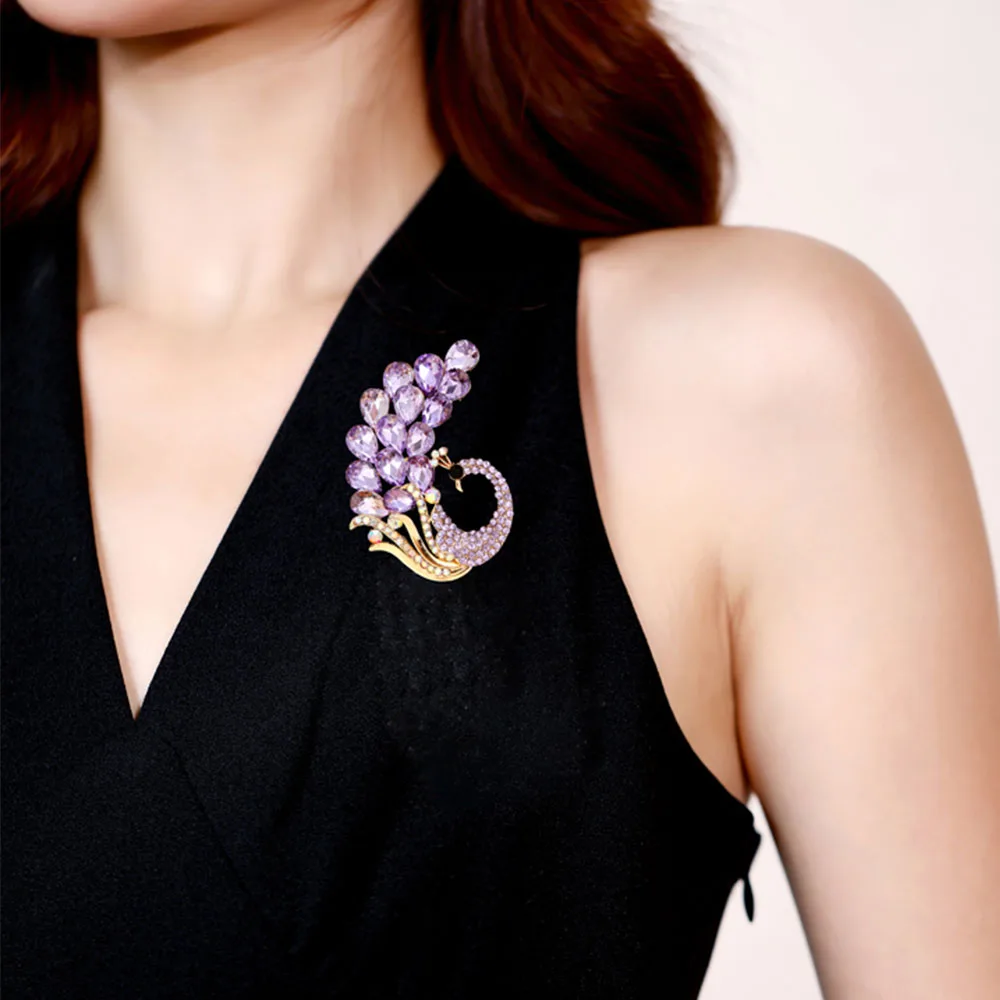 Purple Crystal Peacock Brooch Pin – Elegant Rhinestone Statement Jewelry - Image 2