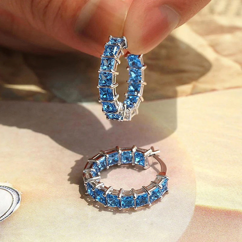 Princess Square Cubic Zirconia Hoop Earrings - Lightweight Statement Sparkle - Image 5