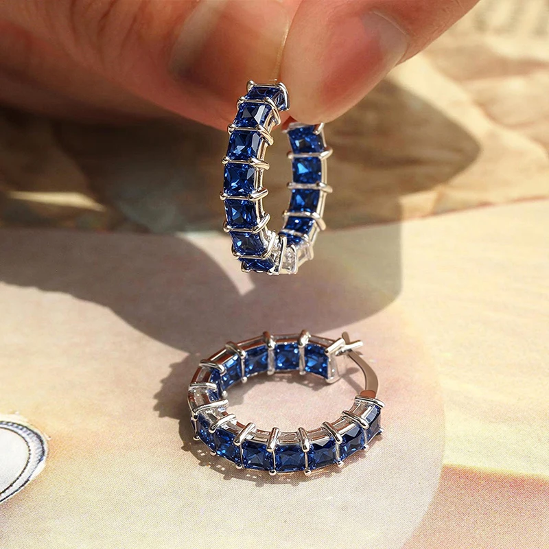 Princess Square Cubic Zirconia Hoop Earrings - Lightweight Statement Sparkle - Image 7