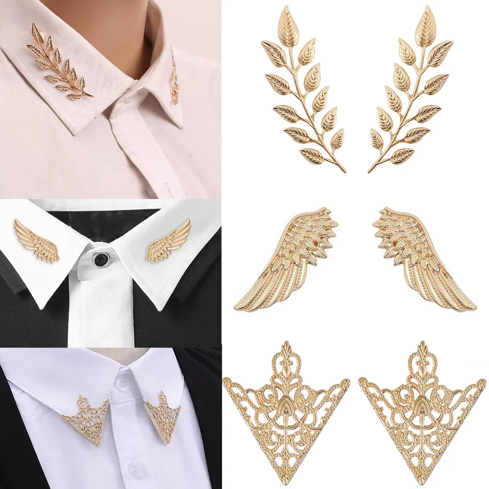 2pcs/set Fashion Men's Suit Brooches Feather Leaf Triangle Hollowed Out Crown Lapel Pins Party Male Jewelry Accessorie