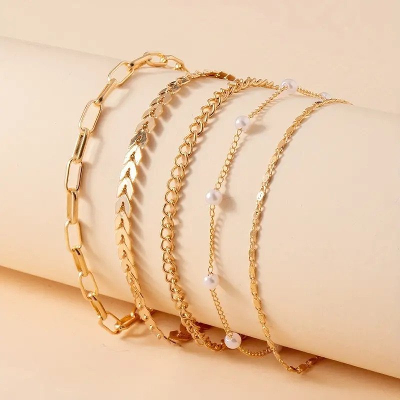5-Piece Layered Pearl Anklet Set – Boho Beach Ankle Bracelets for Women - Image 3